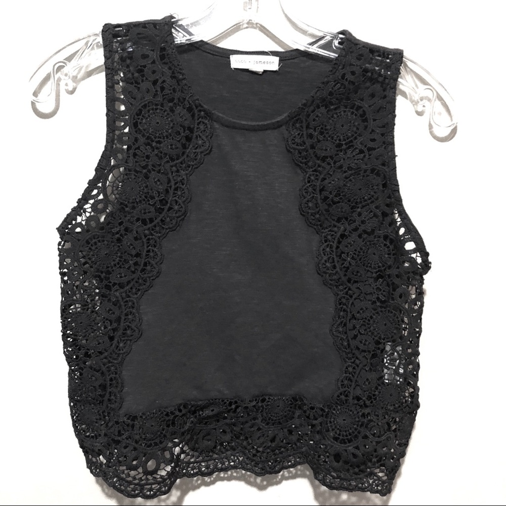 3/$25 Coco + Jameson Charcoal Lace Border Crop Top